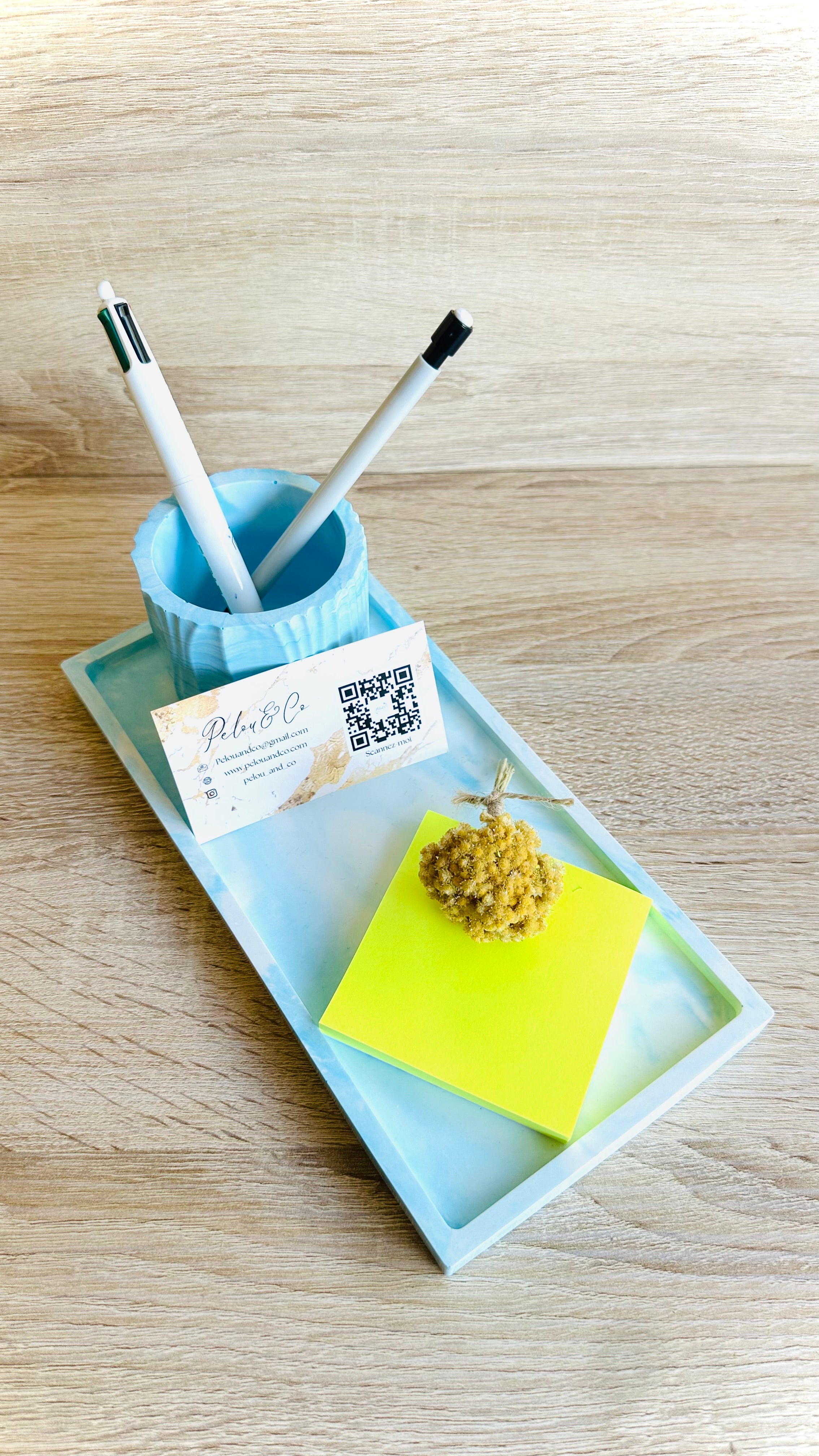 Ensemble décoratif artisanal bleu blanc effet marbré