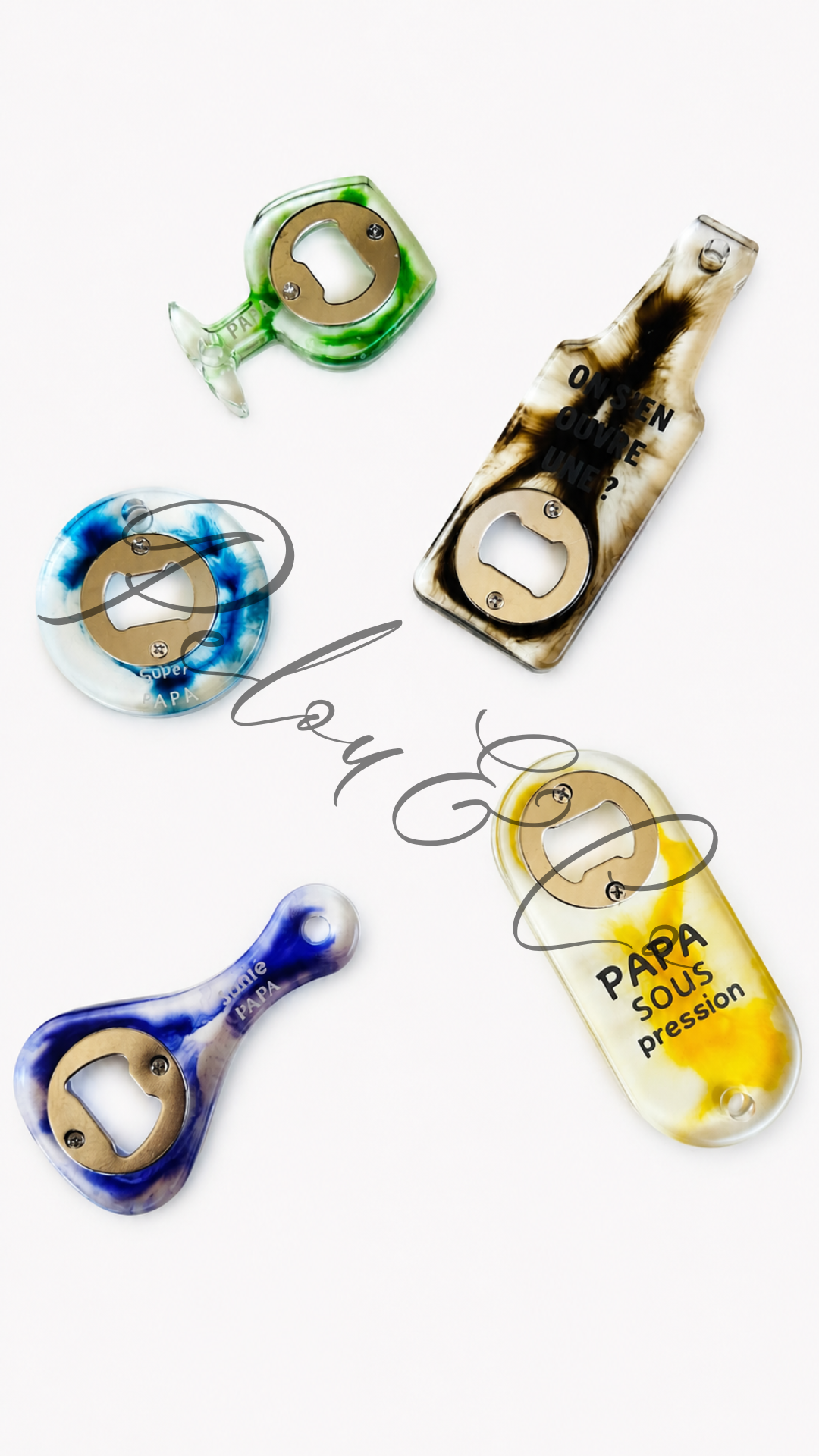 Collection de décapsuleurs artisanaux en résine Pelou&Co cadeaux originaux Fête des Pères.