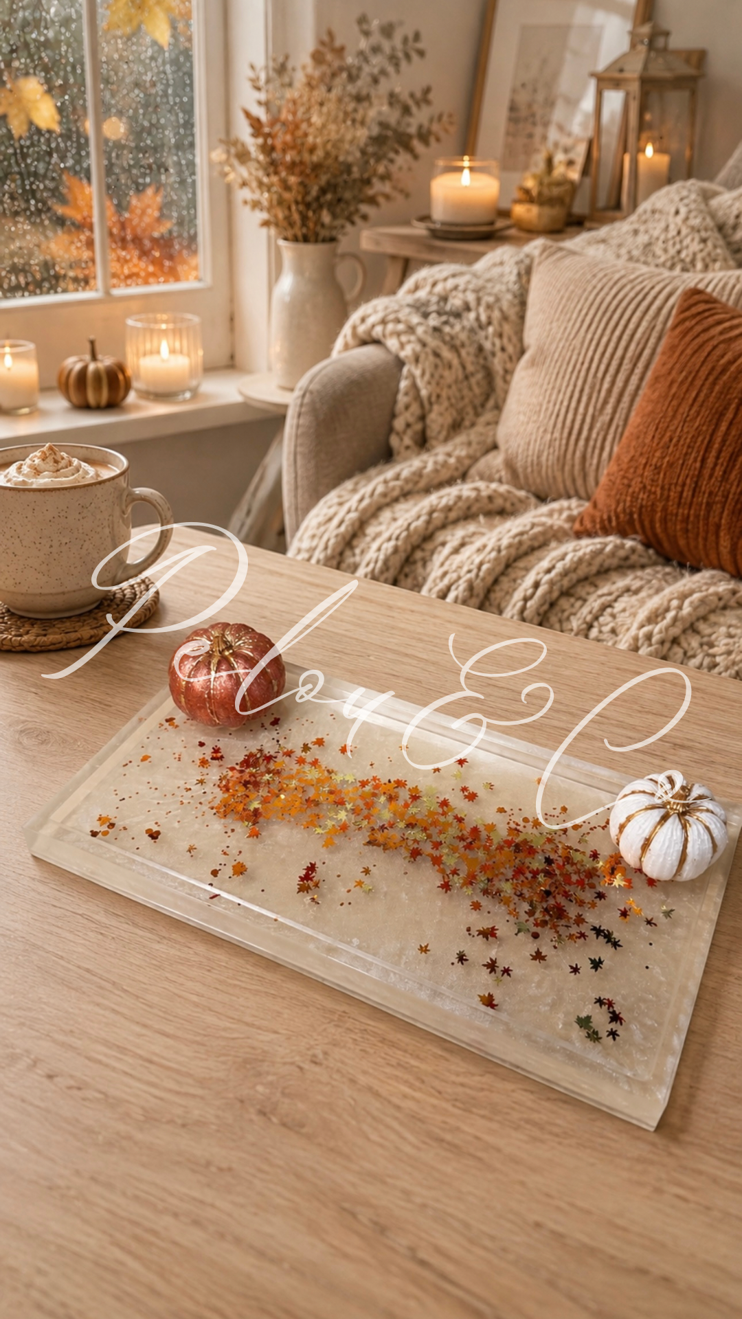 Plateau décoratif automnal en résine époxy avec deux citrouilles.