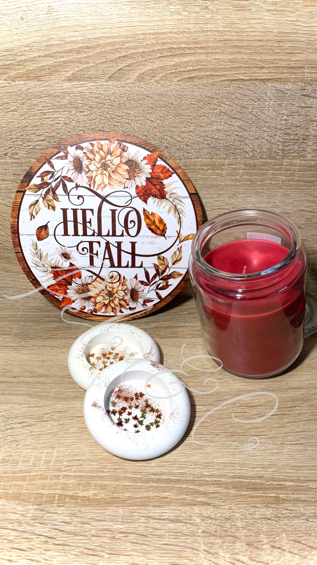 Bougeoir rond blanc avec paillettes dorées, rouges et orangées — Pelou&Co