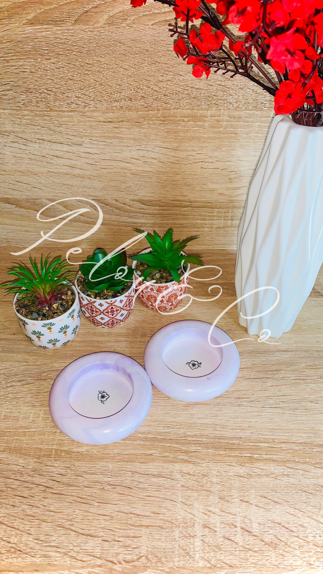 Lot bougeoirs ronds violets hibiscus – résine artisanale Pelou&Co