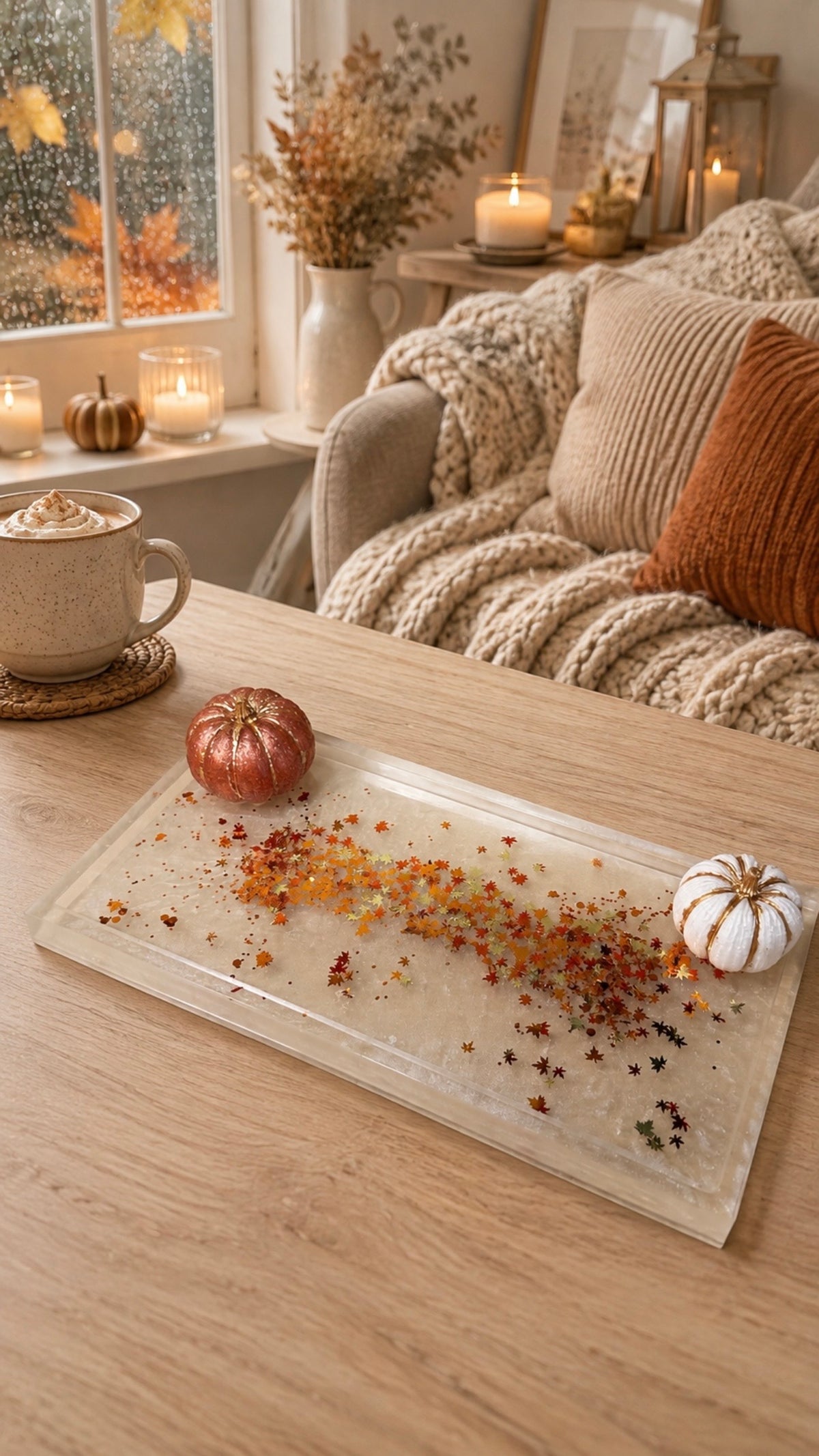Plateau décoratif automnal en résine époxy avec deux citrouilles.