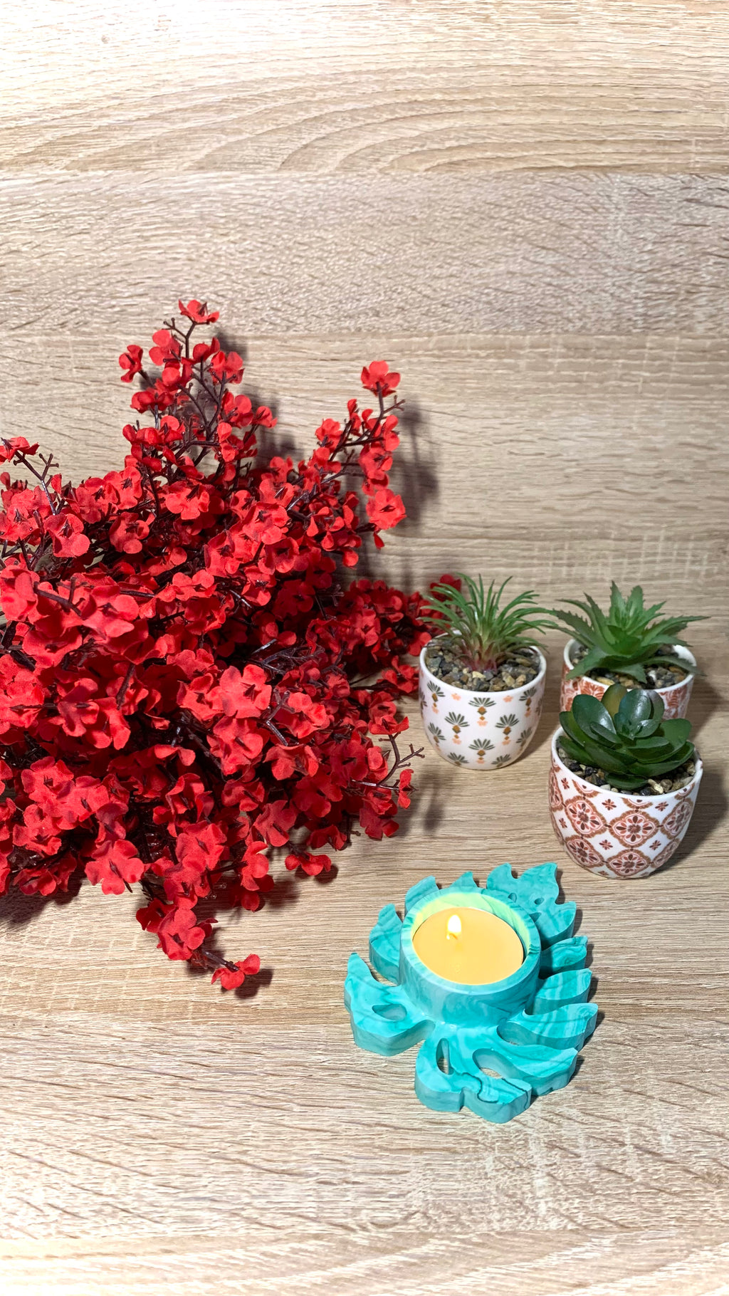 Bougeoir nature vert feuille — résine minérale fait main