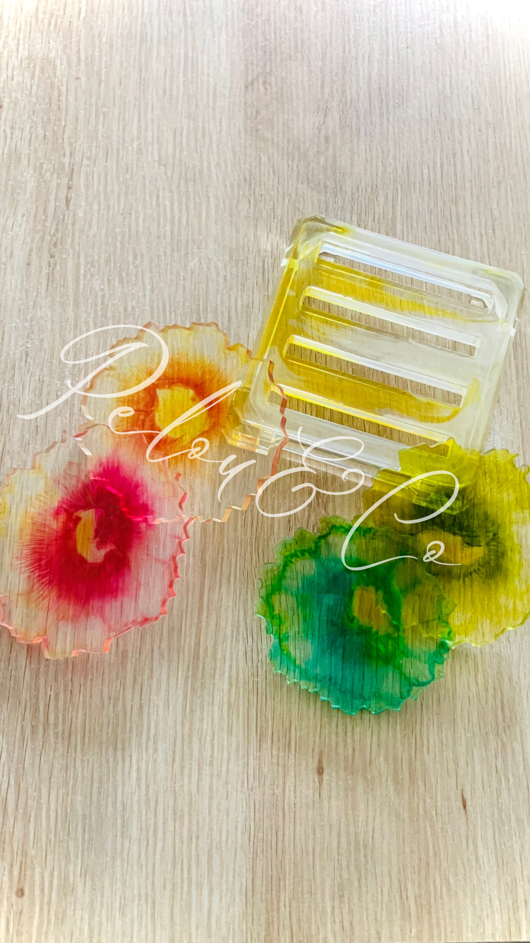 Set de dessous de verres avec support en résine époxy, multicolores et transparent, fait main en Corse