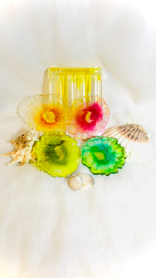 Dessous de verres et son support en résine, multicolores et transparent , fait main en Corse