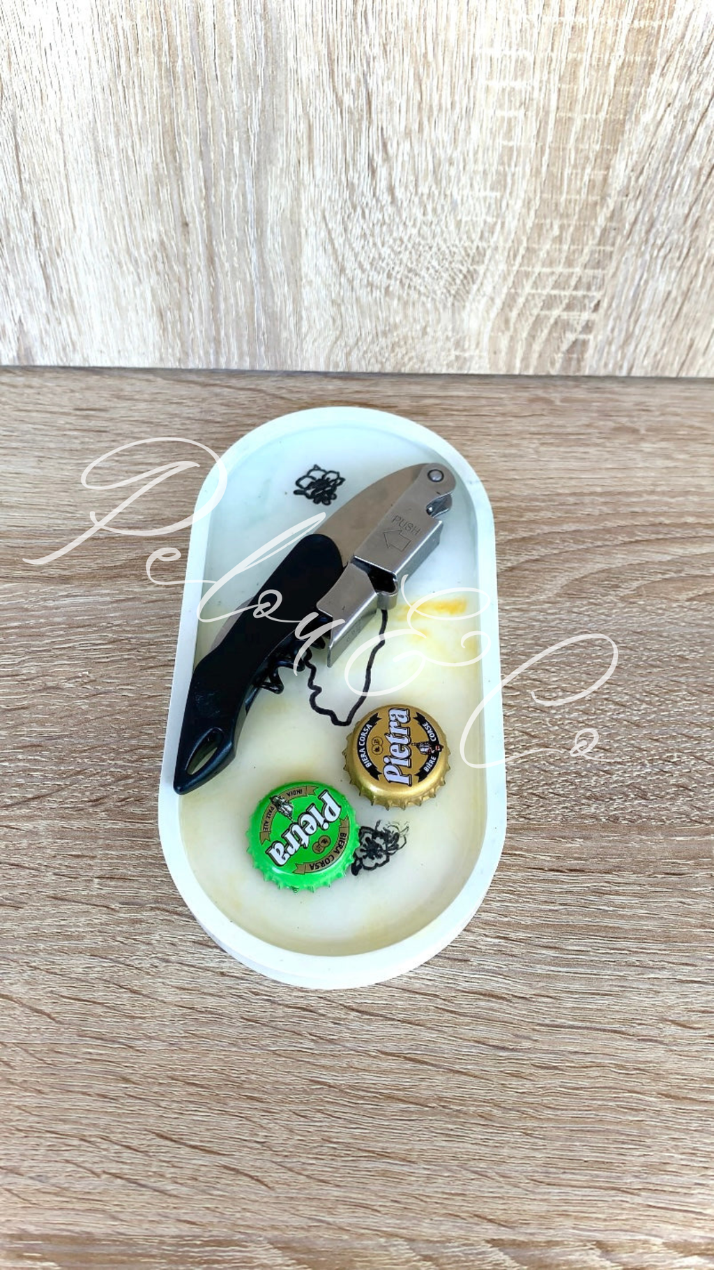 Vide-poche en résine minérale et époxy jaune et vert, style méditerranéen Maquis Corse