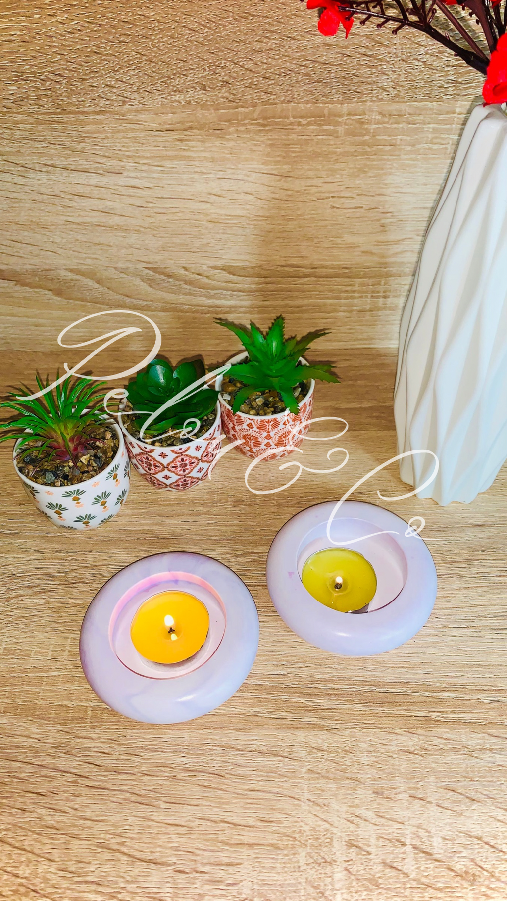Lot de deux bougeoirs ronds violets hibiscus – résine artisanale Pelou&Co
