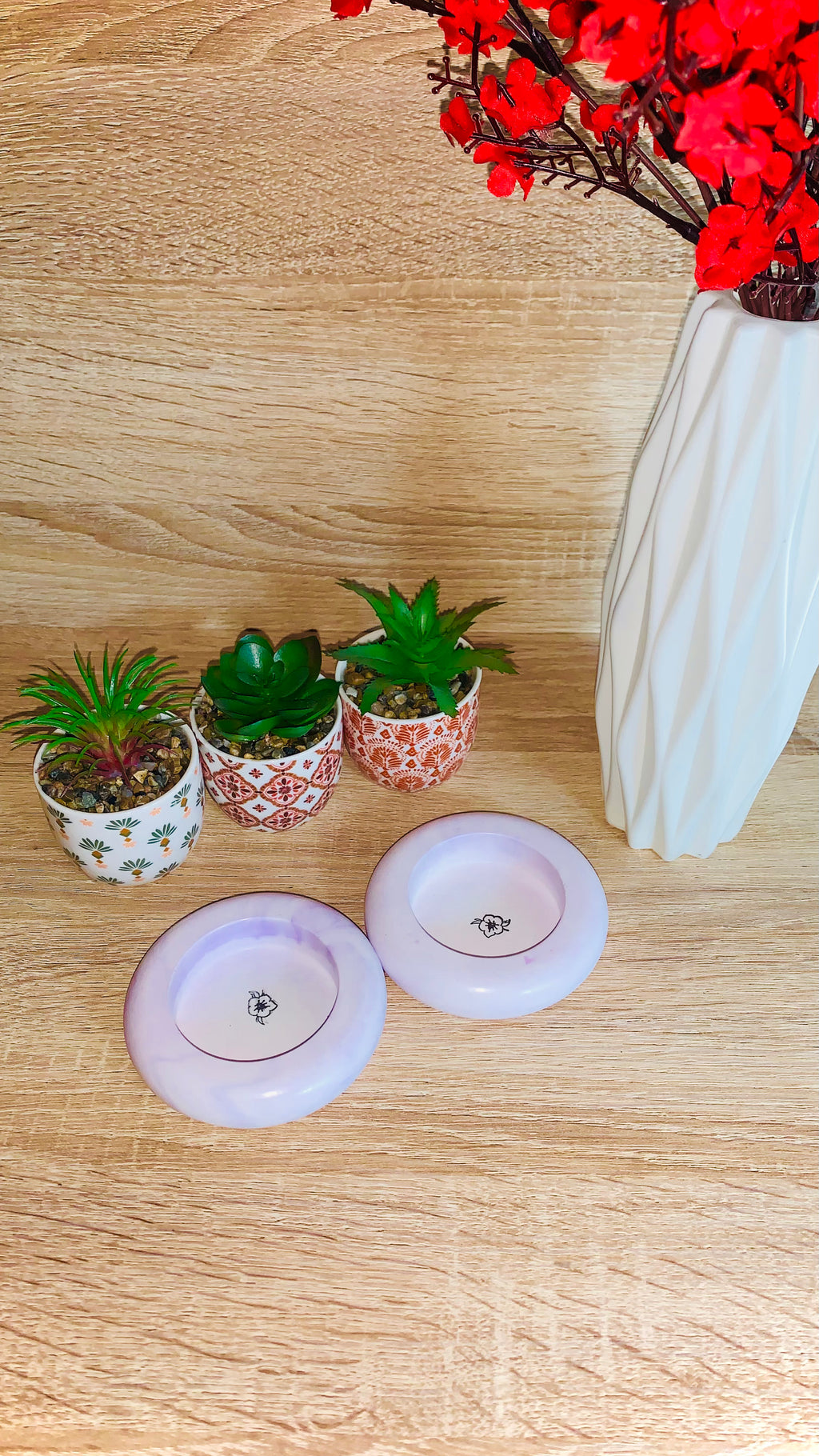 Lot bougeoirs ronds violets hibiscus – résine artisanale Pelou&Co