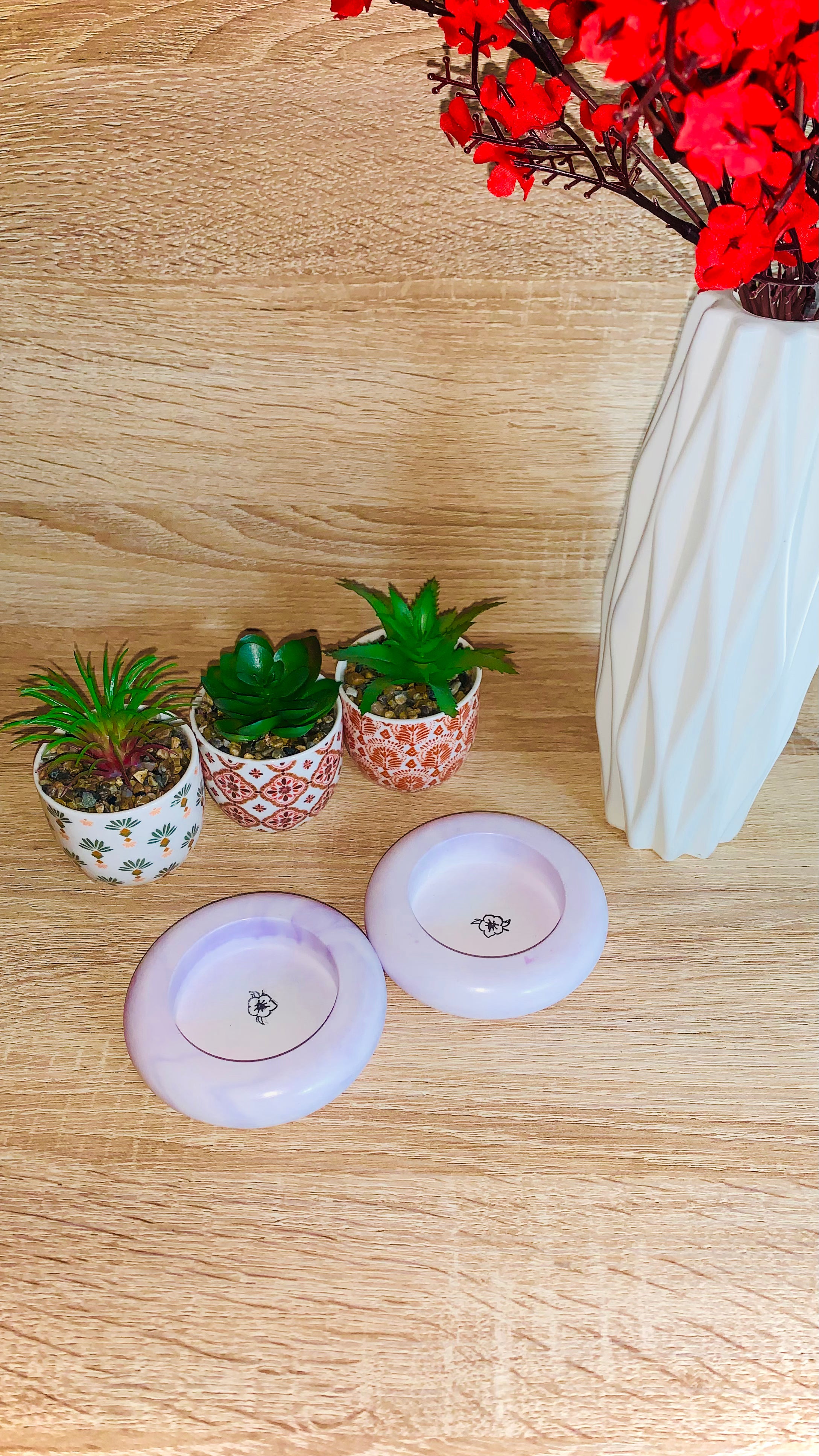 Lot bougeoirs ronds violets hibiscus – résine artisanale Pelou&Co