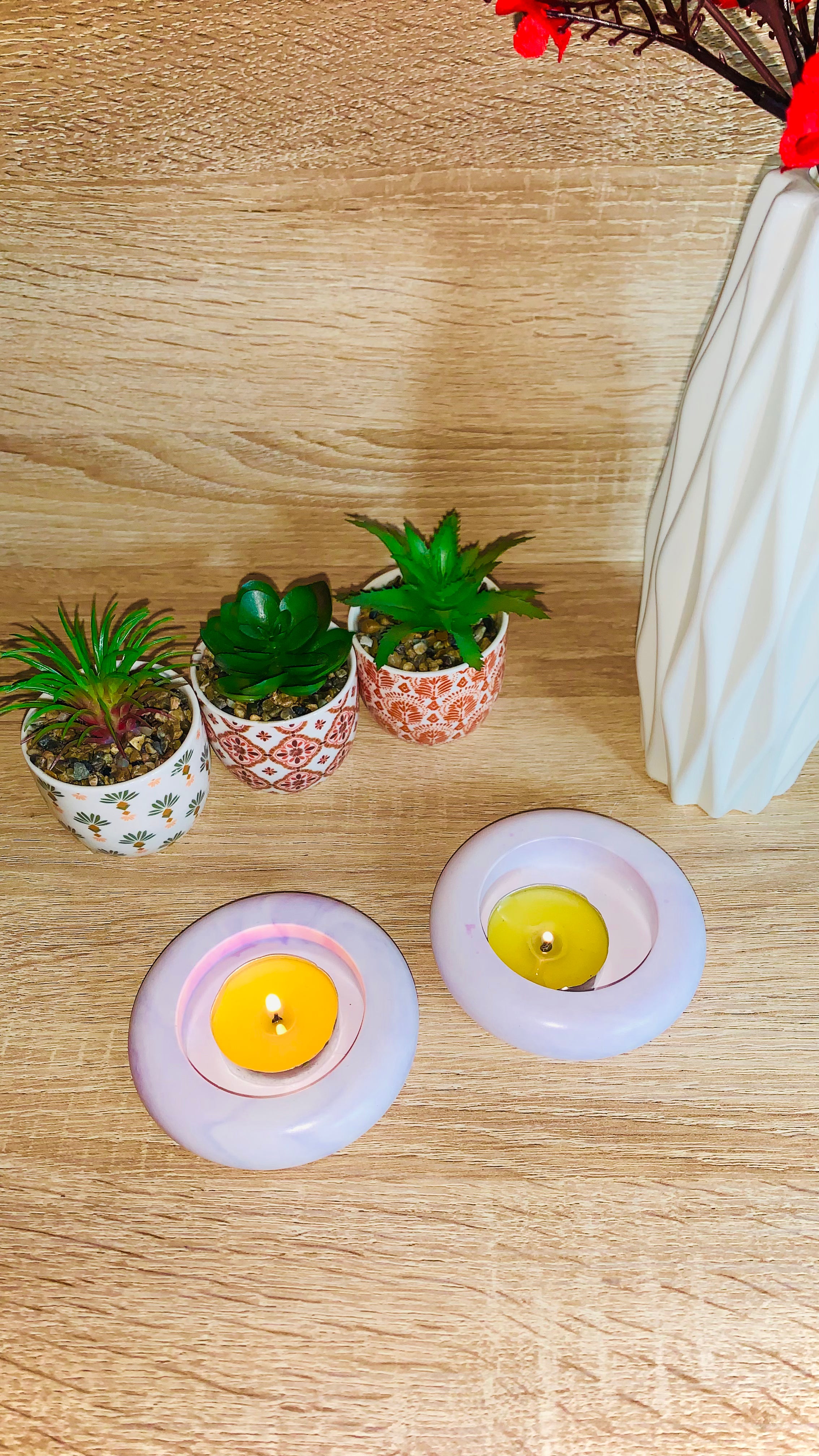 Lot bougeoirs ronds violets hibiscus – résine artisanale Pelou&Co